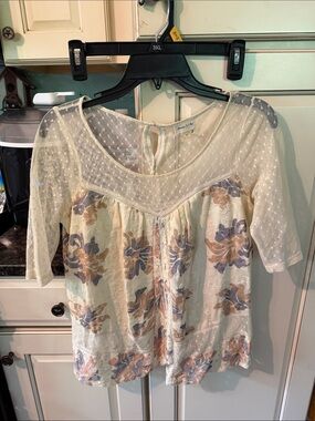 Meadow Rue Cream Blouse with Blue and Blush Floral Print
